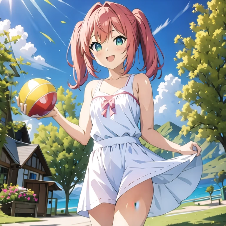 (masterpiece, best quality:1.2), 1girl, solo, short pink hair ,twin tail hair, small breasts, flat chest, arms behind back, white dress