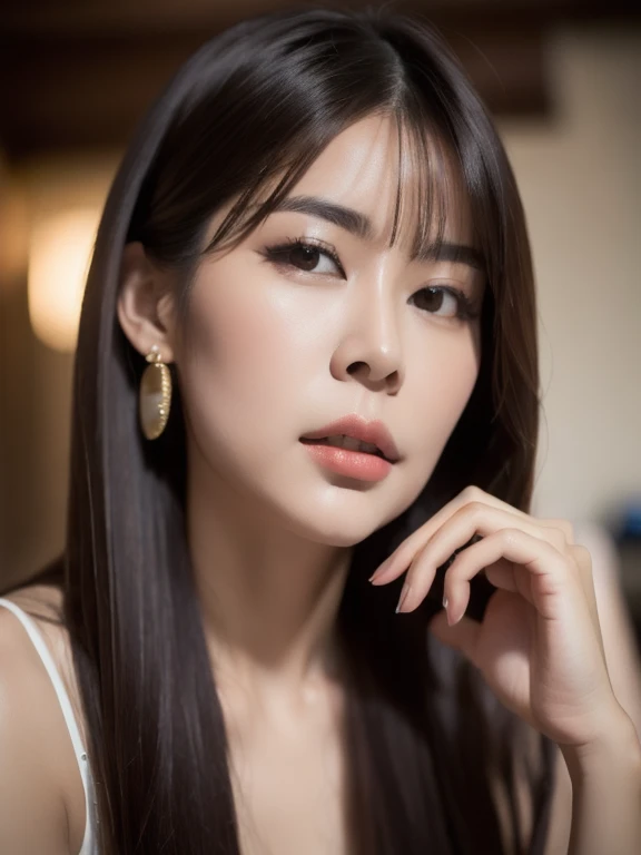 Surreal, realistic, special quality, RAW photos, 8K photo quality, detailed girl, realistic Thai girl, 29 years old, height 160 cm, cute Thai, angelic beauty, maiko, round face, colored hair Black, black eyes, moist eyes, sparkling eyes, short bob, bangs, low eyebrows, small earrings, beautiful angel, looking at the camera, looking at the viewer, looking at the viewer, looking at love, seductive facial expression, the viewer