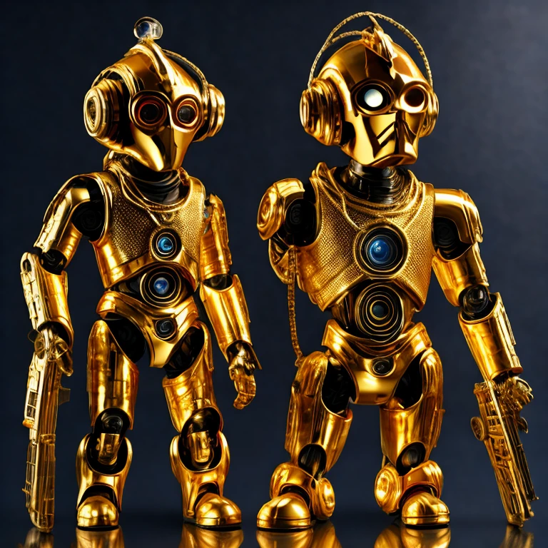 there is a gold robot with a big hat on top of a rock, small character. unreal engine 5, highly detailed textured 8 k, highly detailed textured 8k, rendered in redshift, super highly detailed, super detailed render, created in unreal engine 5, made in unreal engine 5, rendered in unreal engine 5, hyperdetailed fantasy character, sci-fi highly detailed，a close up of a toy figure of a robot with a scarf, c3po, gold sci - fi armour, the golden humanoid robot, the golden cat armor knight, sofubi, goblin, heavy gold obsidian armor, gold obsidian armor, super highly detailed, masterpiece fine details, full body close-up shot, 2023 4k