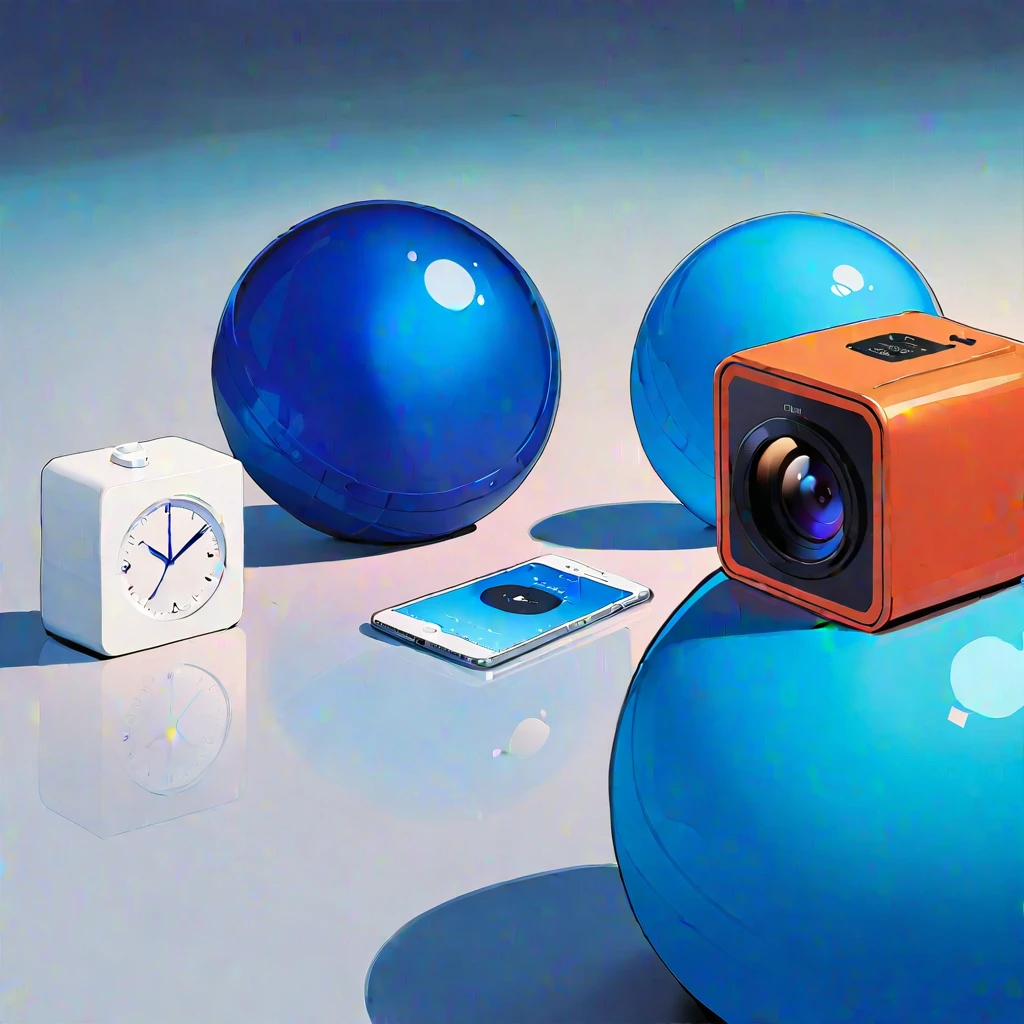 (masterpiece, best quality:1.2), (\tu biao\), no humans, cloud, blue theme, grey background, reflection, sky, simple background, water, still life, gradient, shadow, glass, gradient background, alarm clock, camera, Globe