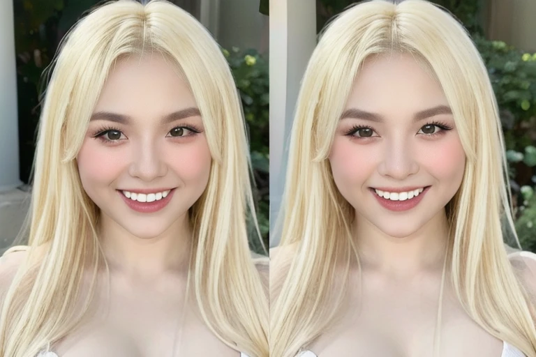 (realistic、masterpiece、Best Quality、8K、highres、high resolution:1.3)、((2 blonde girls:1.3))、 Huge breasts、smile, white bikini、pale white skin、looking at viewers、super fine face and eyes、long blonde hair、indoor、 upper body、