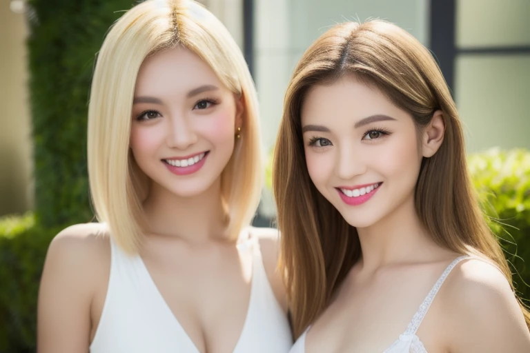 (realistic、masterpiece、Best Quality、8K、highres、high resolution:1.3)、((2 blonde girls:1.3))、 Huge breasts、smile, white bikini、pale white skin、looking at viewers、super fine face and eyes、long blonde hair、indoor、 upper body、