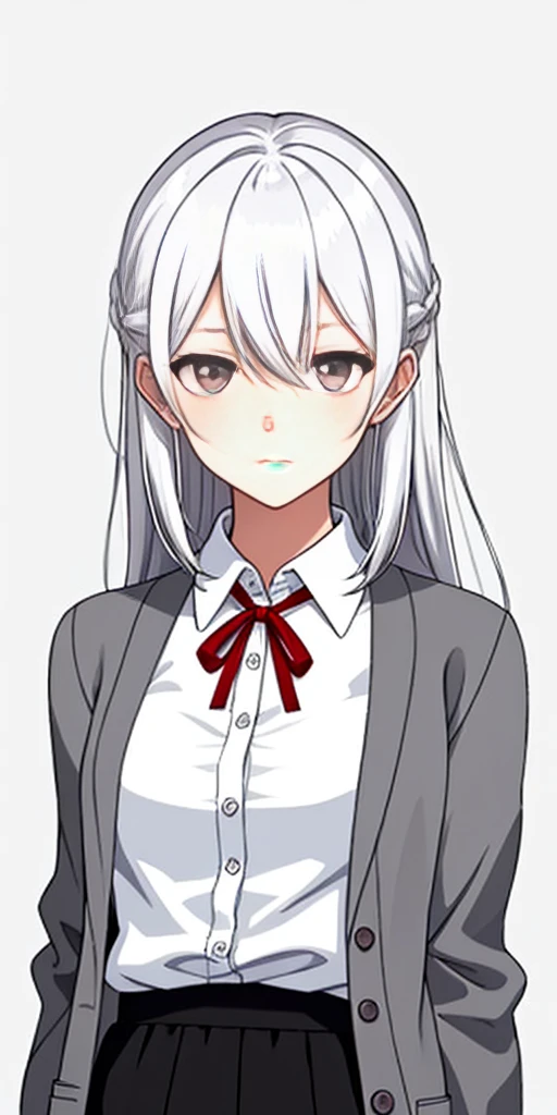 ((casual-style)), 1girl, solo, white hair, shirt, red ribbon, ribbon, looking at viewer, long hair, upper body, white eyes, white shirt, grey eyes, hair between eyes, neck ribbon, collared shirt, cardigan, closed mouth, expressionless, jacket, simple background, frills, bangs, white background, long sleeves