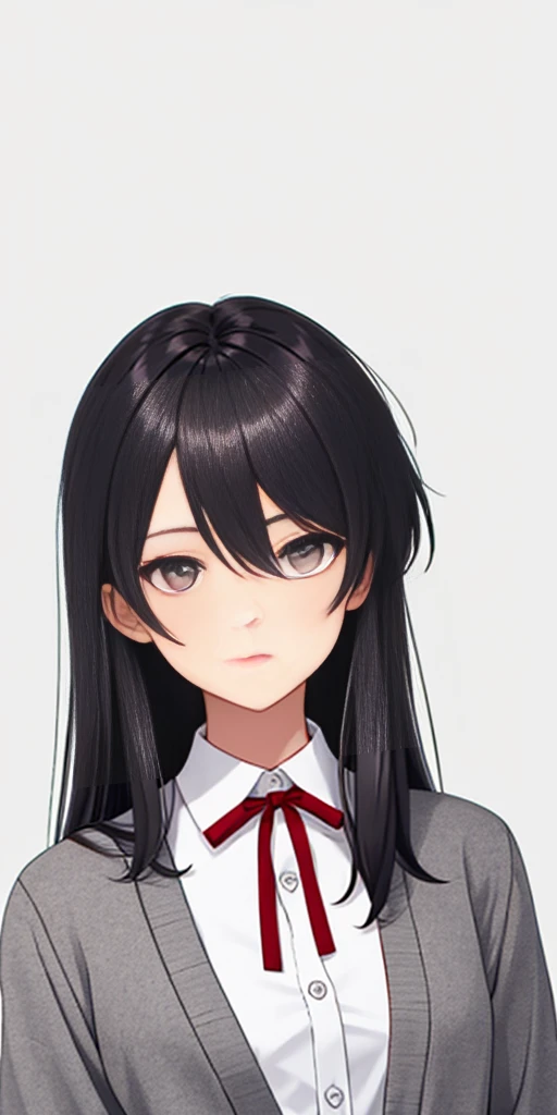 ((casual-style)), 1girl, solo, white hair, shirt, red ribbon, ribbon, looking at viewer, long hair, upper body, white eyes, white shirt, grey eyes, hair between eyes, neck ribbon, collared shirt, cardigan, closed mouth, expressionless, jacket, simple background, frills, bangs, white background, long sleeves