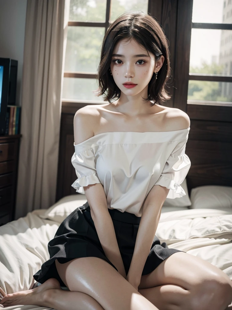 absurdres, RAW photo, extremely delicate and beautiful, masterpiece, Best Quality, ultra high resolution, 32k, hyperrealistic, ultra-detailed, detailed description, pale skin, 20 years old, detailed beautiful face and eyes, tearful mole, earring, Colossal tits, short medium hair, wavy hair, full body shot, alone, shirt, skirt, bare legs, bare shoulder,