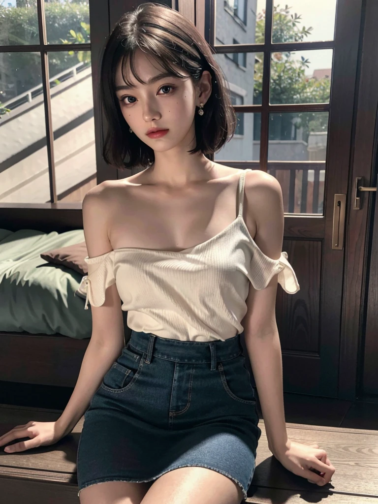 absurdres, RAW photo, extremely delicate and beautiful, masterpiece, Best Quality, ultra high resolution, 32k, hyperrealistic, ultra-detailed, detailed description, pale skin, 20 years old, detailed beautiful face and eyes, tearful mole, earring, Colossal tits, short medium hair, wavy hair, full body shot, alone, shirt, skirt, bare legs, bare shoulder,