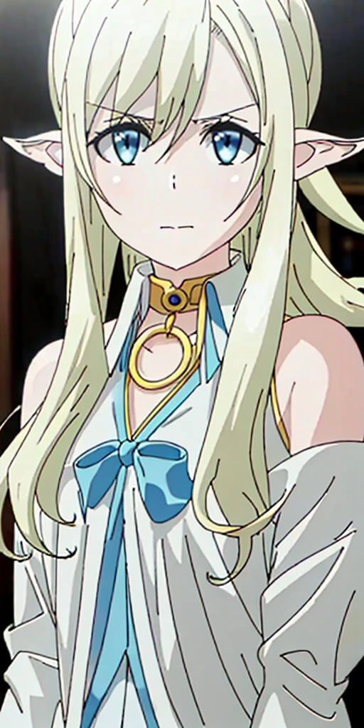 ((casual-style)), 1girl, solo, white hair, shirt, red ribbon, ribbon, looking at viewer, long hair, upper body, white eyes, white shirt, grey eyes, hair between eyes, neck ribbon, collared shirt, cardigan, closed mouth, expressionless, jacket, simple background, frills, bangs, white background, long sleeves
