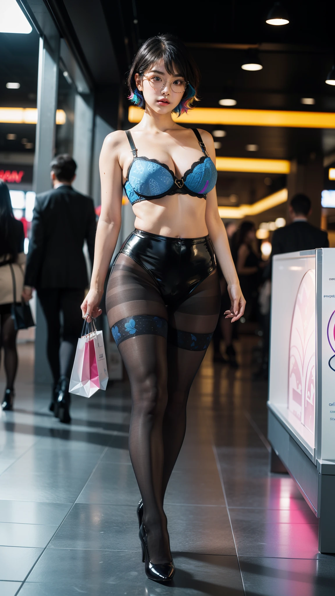 ,(full body:1.5),(((only one girl)):1.4),(view the viewer:1.4),((anatomy correct):1.45),(((dancing in the shopping mall , Perfectly integrated background))):1.3),(she wears large glasses and Holding bra & pantie in her hand:1.2),(shy:1.15),((leather stocking set):1.2),(((((((patterns)))))) ,((thick pantyhose)):1.3),(high heels leather shoe:1.1),((Long legs and large chest):1.3),((((colorful))):1.4),(Accurate and perfect face:1.3),((black short hair):1.2),hyper HD, Ray traching, reflective light, structurally correct, Award-Awarded, high detail, lighten shade contrast, Face lighting ,cinematic lighting, masterpiece, super detailing, high quality, high detail, best quality, 16k,High contrast,
