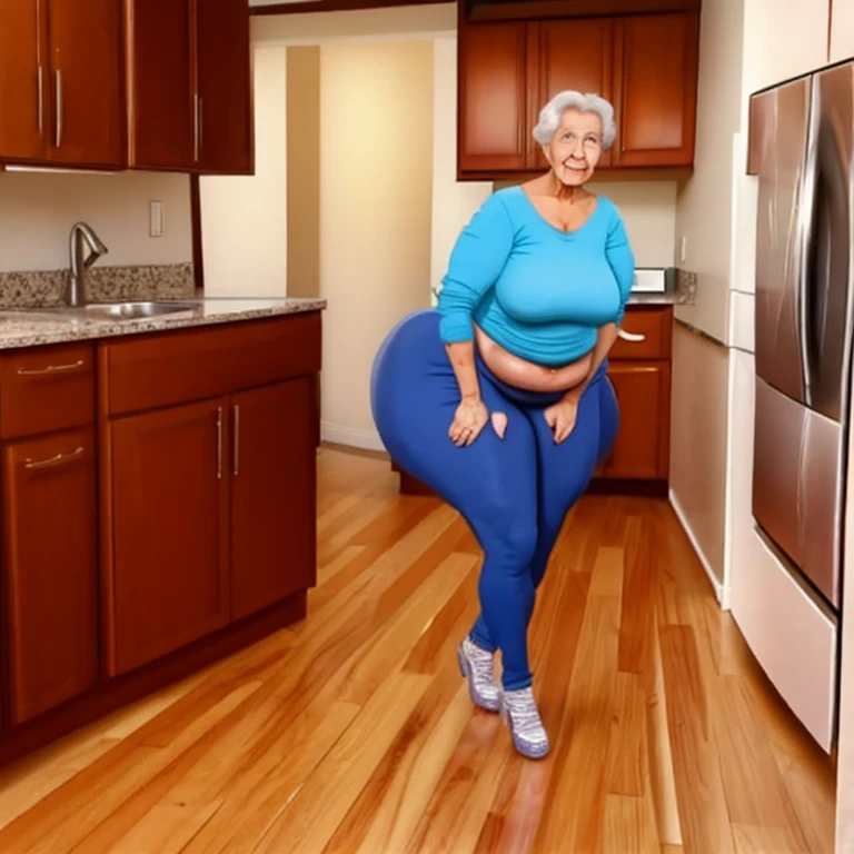 Full body photo shot of Enormous booty granny wearing bikini in kitchen showing off booty for viewer ,full body , very large bosum ,very large cheeks,very large thighs, very wide hips,largest haunches ever, high quality photo,all whole total body photo, thin waist ,