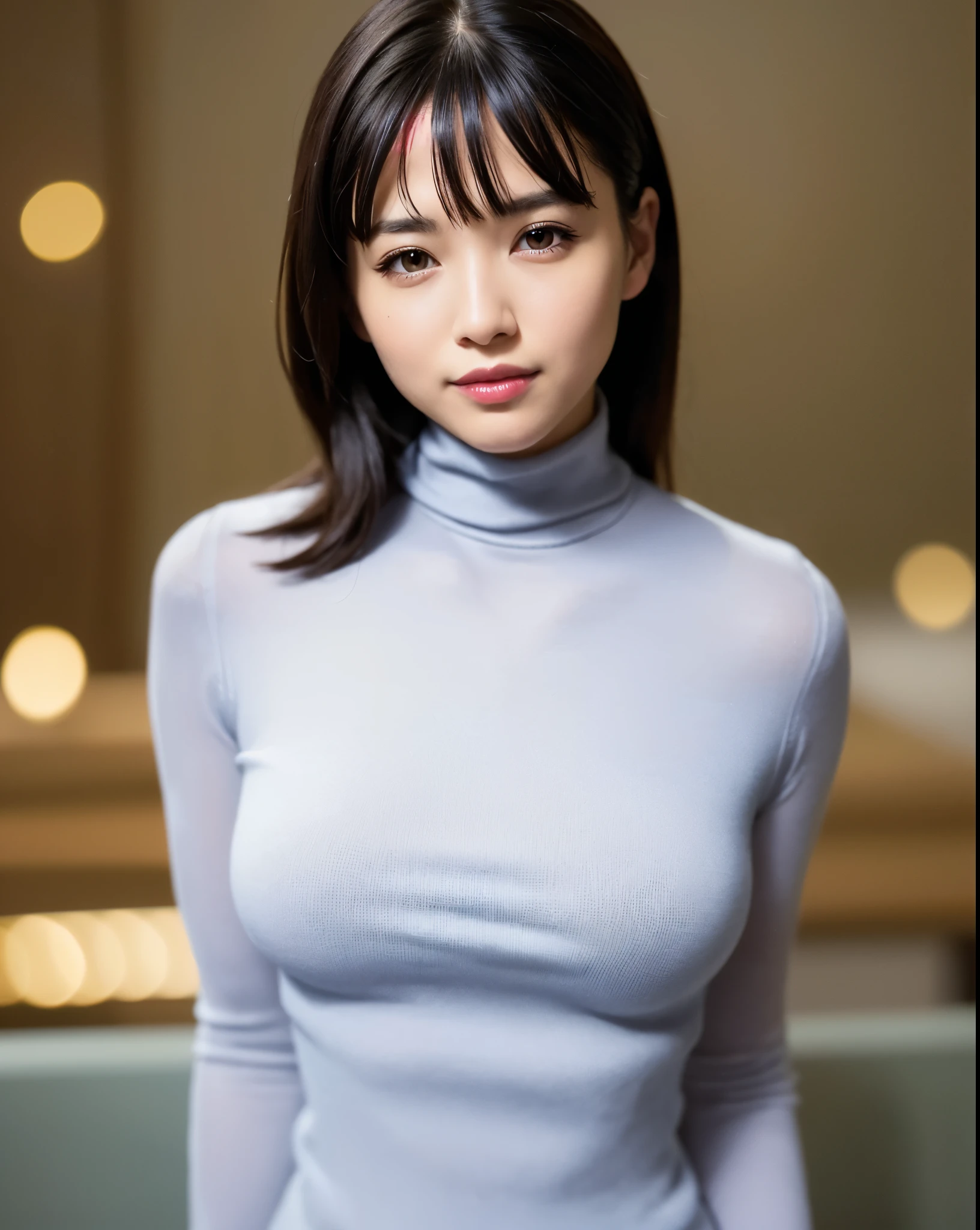 best quality, photorealistic, 8k, high res, 1girl, woman, (skindentation),  (professional lighting), (portrait:0.6), (blue turtleneck sweater, sleeveless), gorgeous, (short black hair:1), ((looking at viewer:1.5)), photorealistic, (bokeh), (dynamic pose:1.2), intense lighting to face area, lips, (teeth:1.3), smile,