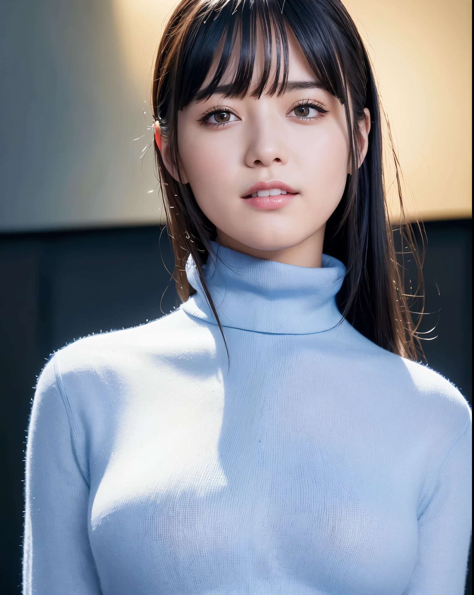 best quality, photorealistic, 8k, high res, 1girl, woman, (skindentation), (professional lighting), (portrait:0.6), (blue turtleneck sweater, sleeveless), gorgeous, (short black hair:1), ((looking at viewer:1.5)), photorealistic, (bokeh), (dynamic pose:1.2), intense lighting to face area, lips, (teeth:1.3), smile,