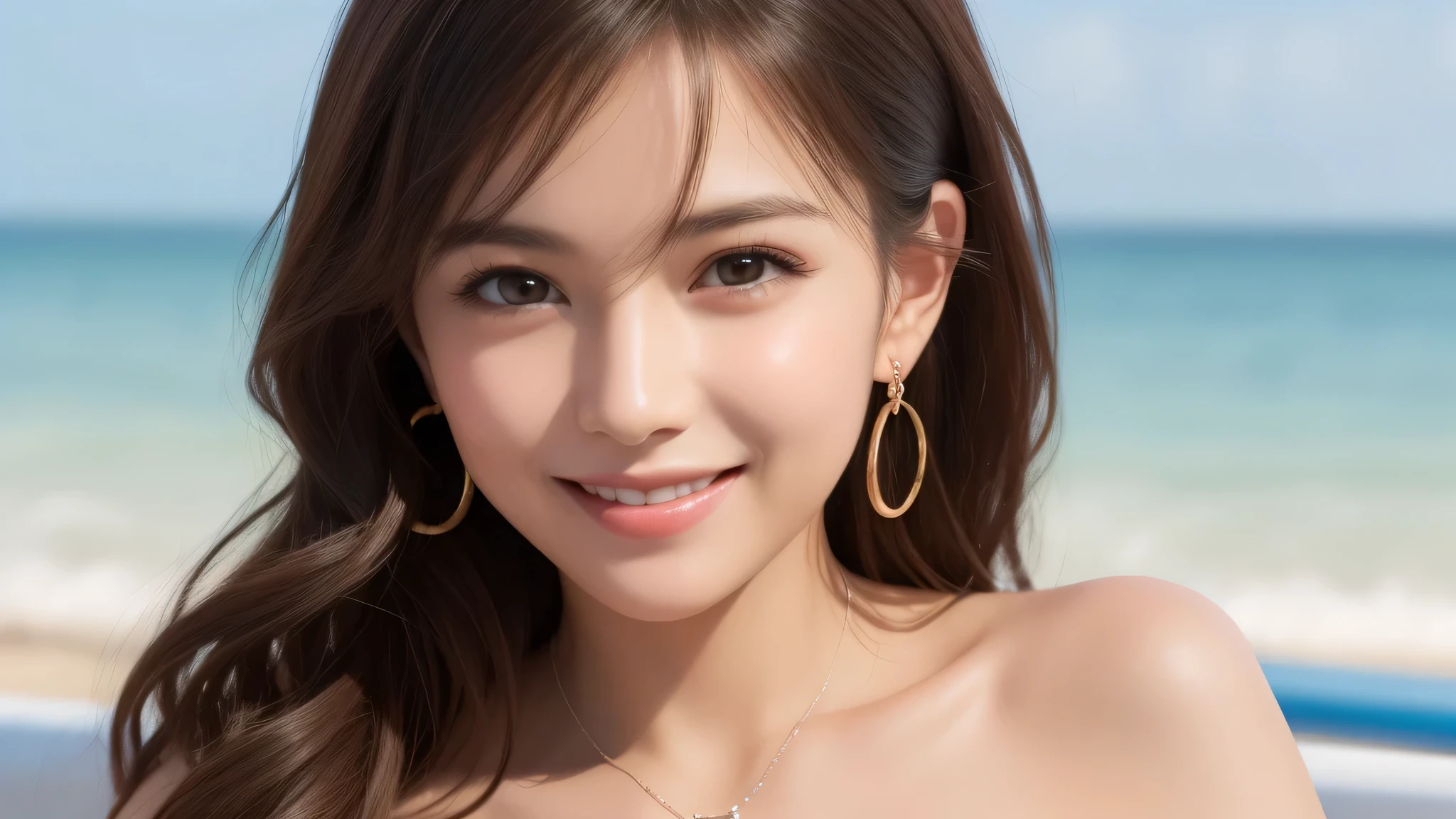 (1girl), brown eyes, A very neat face, (cute smile:1.2), (innocent smile:1.2), (highly detailed eyes, highly detailed face), Women, (Tube top:1.2), accessories, necklace, earrings, (hyper-realistic, hight resolution), (best Quality:1.4), model, Enchanting, beach, beachside open cafe, (Fine face:1.2),