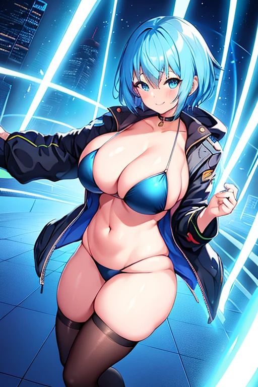 1girl, large breasts, breasts, thick thighs, hourglass figure, toned, smile, light smile, blue hair, light blue hair, blue eyes, very short hair, pixie cut, shoes, sneakers, thighhighs, bikini, black bikini, jacket, black jacket, open jacket, neon trim, neon, neon lights, blue trim, tech, machinery, science-fiction, futuristic