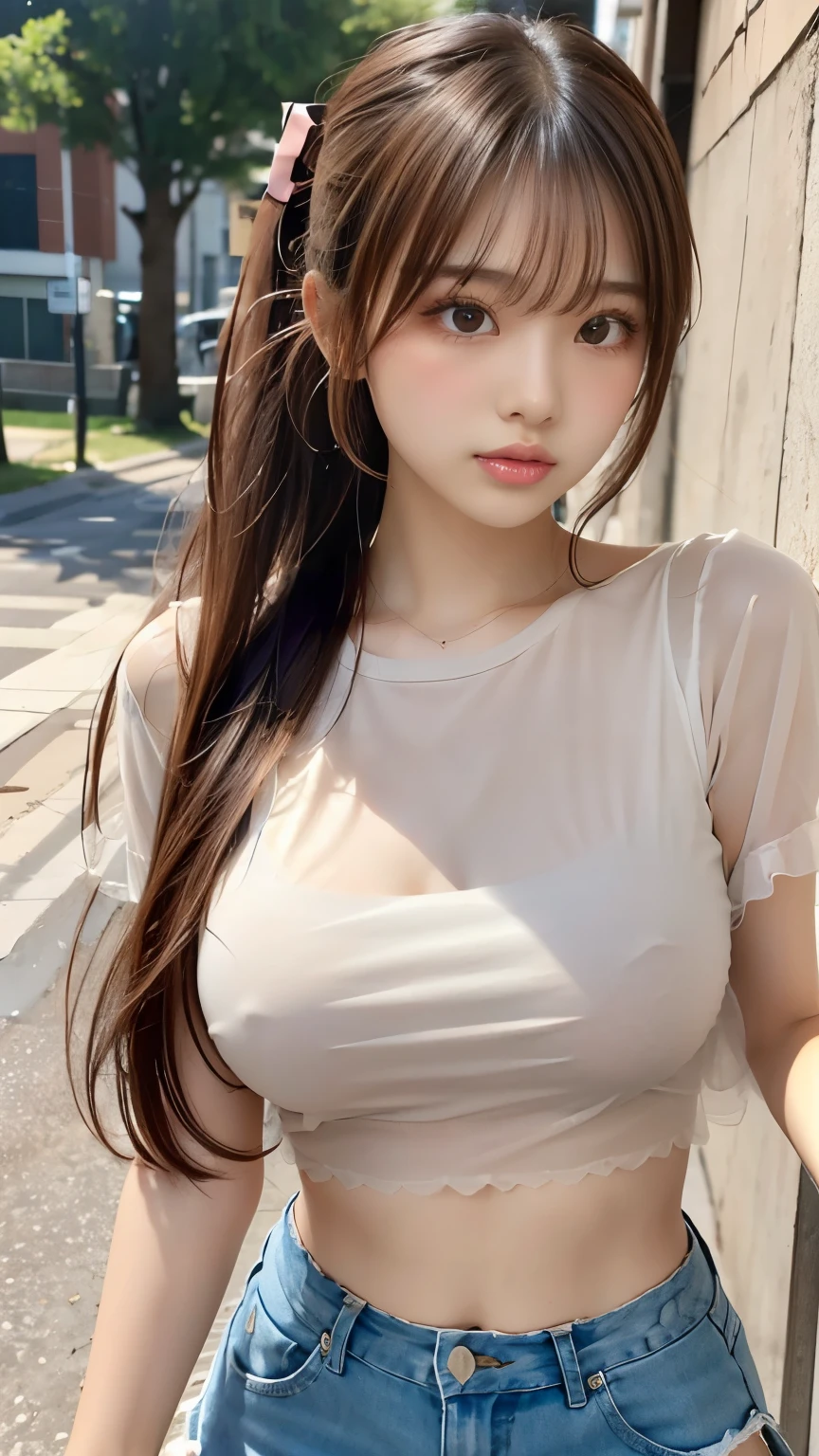 Sexy cute looks and cute  beautiful girl, Beautiful and sexy face、A strong wind blows my hair in front of my face、Beautiful light brown ponytail。Cute and sexy eyes, long bangs, t-shirt with exposed navel。、Tulle miniskirt,The chest is visible