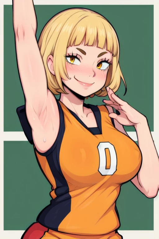 masterpiece, best quality, shimizu kiyoko looking at viewer, yellow hair, yellow eyes color, very large breasts, upper body, portrait, looking at viewer, seductive smile,both hands raised, armpits, armpits visible, sweaty armpits, wearing orange volleyball uniform,