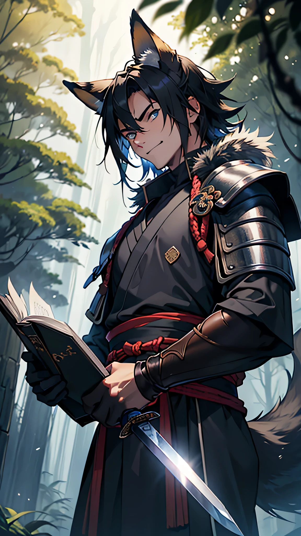 depth of field, perfect lighting, light particles,(best quality),(masterpiece),(ultra detailed),sharp focus,light particles, niji, detailed eyes,  blue_eyes, looking_at_viewer, smirk,light smile, mouth closed, solo, furry, upper body, tail, japanese clothes, sunlight, armour, samurai, japanese sword, knife young-male, handsome, tree, from below, male, 1 boy, fox, forest, japaenese garden, detailed background, foliage, ninja, ninja armour, kitsune, grey fur, black body hair, anthro, spellbook, holding spell book, casting magic, magic particles, glimer