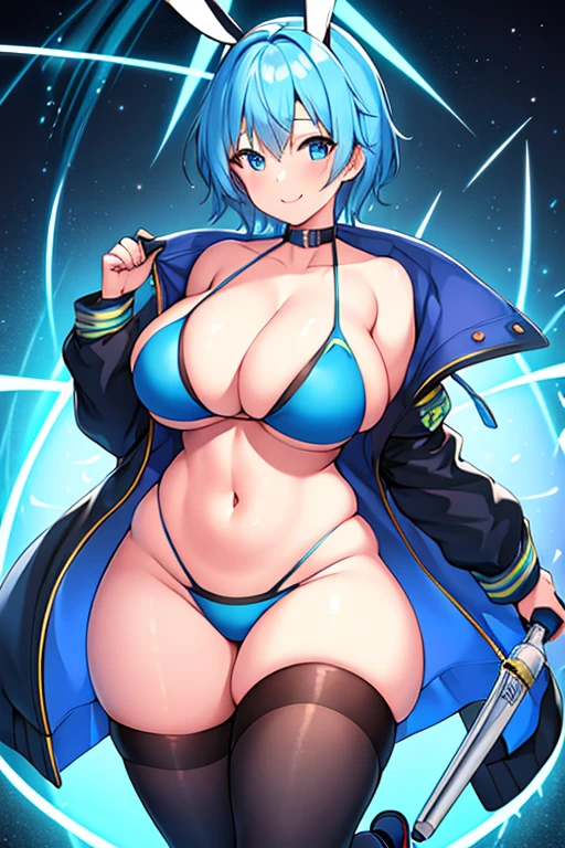 1girl, large breasts, breasts, thick thighs, hourglass figure, toned, smile, light smile, blue hair, light blue hair, blue eyes, very short hair, pixie cut, shoes, sneakers, thighhighs, bikini, black bikini, jacket, black jacket, open jacket, neon trim, neon, neon lights, blue trim, tech, machinery, science-fiction, futuristic, bunny ears, rabbit ears,
