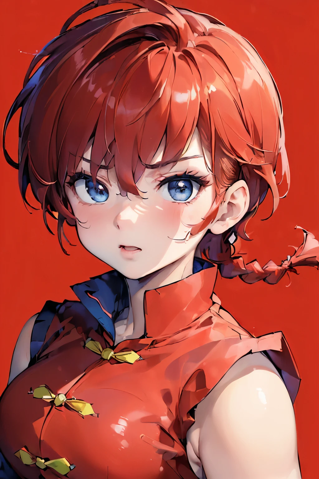 ((masterpiece:1.4)), high quality, very_high_resolution, large_filesize, full color, heavy outline, clear outline, colorful, (beautiful detailed eyes), ((beautiful face:1.0)), ((boyish face:1.4)), 1 girl, (femaleranma), (red hair), short hair, (braided ponytail), ((bangs)), bumpy bangs, blue-gray eyes, big breasts, curvy, femaleranma, braided ponytail, (red chinese clothes), sleeveless, tangzhuang, black pants, cameltoe, standing, upper body, ((from front:1.4)), ((portrait:1.8)), ((face focus:1.4)), (aroused),