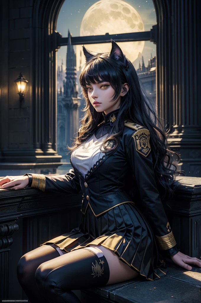 (masterpiece, best quality), intricate details, 1girl, blake_belladonna, gmuniform, pleated skirt, blue thighhighs, black and gold uniform, sitting outside, night, stars, moonlight, gothic temple, pillars, ruins, river, crowd, ((crowd in military uniforms))