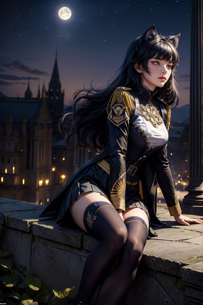 (masterpiece, best quality), intricate details, 1girl, blake_belladonna, gmuniform, pleated skirt, blue thighhighs, black and gold uniform, sitting outside, night, stars, moonlight, gothic temple, pillars, ruins, river, crowd, ((crowd in military uniforms))