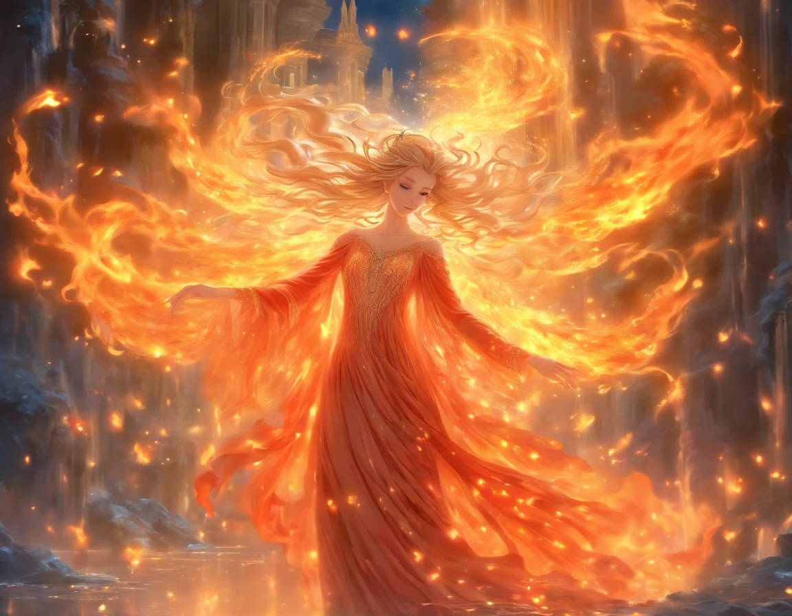 ethereal beauty, Galadriel, beautiful painting in fantasy style., inspired by Nene Thomas, ethereal fairytale, inspired by Edward Robert Hughes, Oil painting in fantasy style, ethereal!!!!!!!, ethereal!!!, fascinated by the spirit of nature, ethereal fantasy, Phoenix Woman, in a fiery dress, fiery hair, red eyes, Essential lighting, detailed lace patterns, graceful pose, intricate fire motifs, delicate silk fabric, mysterious atmosphere, the atmosphere is on fire.