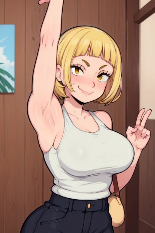 masterpiece, best quality, saeko tanaka, looking at viewer, yellow hair, yellow eyes color, very large breasts, upper body, portrait, looking at viewer, seductive smile,both hands raised, armpits, armpits visible, sweaty armpits, wearing white tanktop,