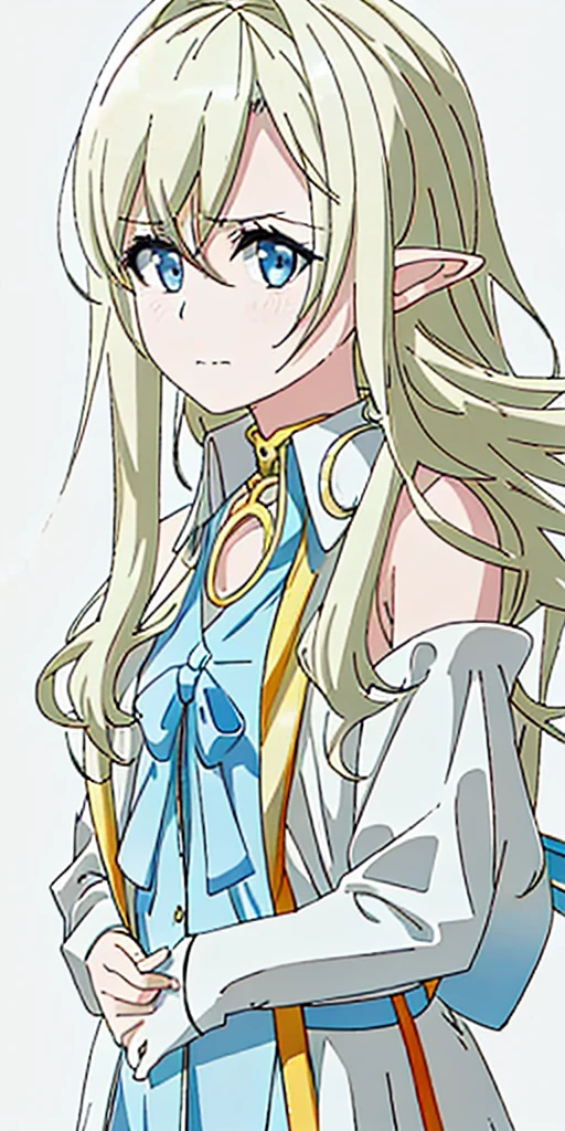 ((casual-style)), 1girl, solo, white hair, shirt, red ribbon, ribbon, looking at viewer, long hair, full body, white eyes, white shirt, grey eyes, hair between eyes, neck ribbon, collared shirt, cardigan, closed mouth, expressionless, jacket, simple background, frills, bangs, white background, long sleeves