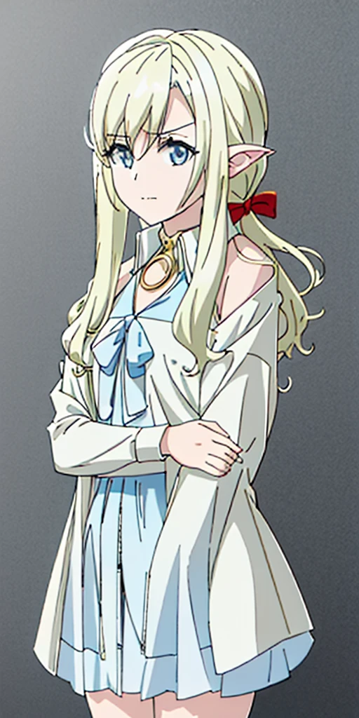 ((casual-style)), 1girl, solo, white hair, shirt, red ribbon, ribbon, looking at viewer, long hair, full body, white eyes, white shirt, grey eyes, hair between eyes, neck ribbon, collared shirt, cardigan, closed mouth, expressionless, jacket, simple background, frills, bangs, white background, long sleeves
