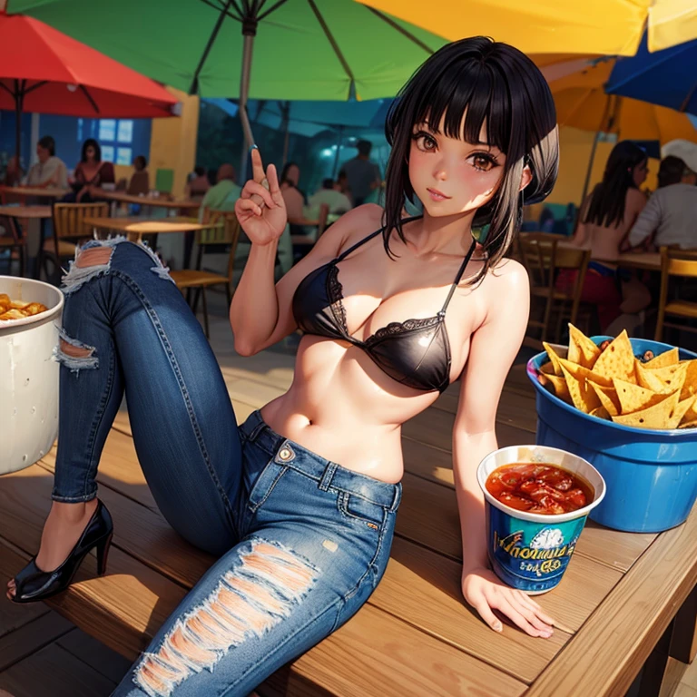 Mexican woman eating tacos, Mexican food stall tortillas and nachos　Bikini and slim jeans　highest quality　Tequila and Corona beer on the table　String 　I can see your pants　Dark eyeshadow　High heel shoes　