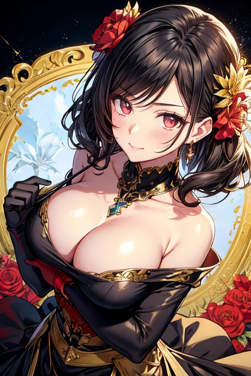 Anime style beutiful woman, 1girl,fullbody, happy, (with sparkling eyes and a contagious smile:1.2), red face, closed mouth, beautiful detailed eyes, super detailed skin, backlighting, bare shoulders, black background, black dress, black gloves, black hair, breasts, dress, earrings, fingerless gloves, floating hair, floral print, flower, gloves, gold earrings, gold hairband, hair flower, hair ornament, hairband, holding, holding weapon, jewelry, large breasts, long hair, looking at viewer, off-shoulder dress, off shoulder,red eyes, short hair with long locks, sidelocks, solo, spikes, thighs, two-sided dress, two-sided fabric, weapon, fighting stance , face, close up, from above, highest quality, high resolution,Real World, Natural light,perfect Natural light,looking at viewer,