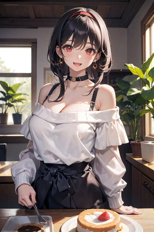 masterpiece, 1girl, Amazing Cleavage:1.3, thin waist, big ass, Raised sexy, medium breast:1.3,posed cleavage:1.2,solo, looking at viewer, open mouth, have a cup of coffee,black hair, red eyes, dress, bare shoulders, jewelry, collarbone, sidelocks, hairband, earrings, indoors, off shoulder, :o, sweater, arms behind back, plant, short hair with long locks, white hairband, off-shoulder dress, sweater dress, off-shoulder sweater, red sweater, big side hair, very long side hair,is rendered in (masterpiece: 1.2, best quality), with (ultra high resolution) and an exquisite (depth of field). This masterpiece is not only visually stunning but also tells, make of cooking some cakes ,in the kitchen,smile,seductive weak smiling,(with sparkling eyes and a contagious smile),open mouth, Looking at Viewer,