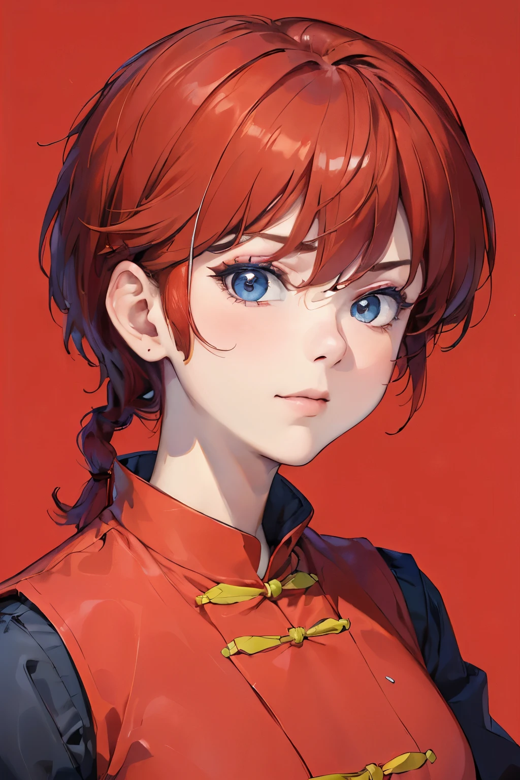 ((masterpiece:1.4)), high quality, very_high_resolution, large_filesize, full color, heavy outline, clear outline, colorful, (beautiful detailed eyes), ((beautiful face:1.0)), ((boyish face:1.4)), 1 girl, (femaleranma), (red hair), short hair, (braided ponytail), ((bangs)), bumpy bangs, blue-gray eyes, big breasts, curvy, femaleranma, braided ponytail, (red chinese clothes), sleeveless, tangzhuang, black pants, cameltoe, standing, upper body, ((from front:1.4)), ((portrait:1.8)), ((face focus:1.4)), (aroused),