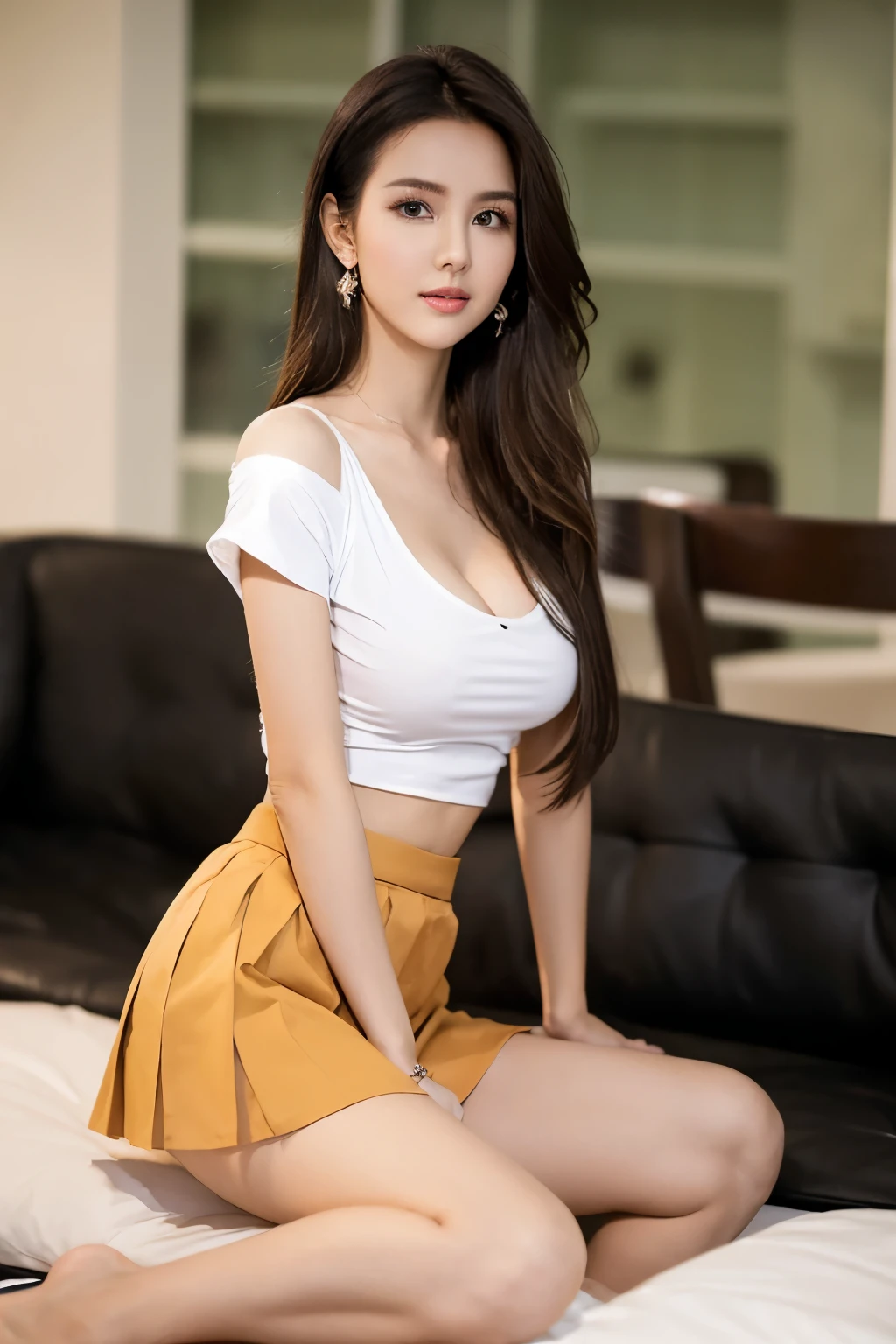 Beautiful woman with perfect body：1.4，Layered Hairstyle，Prominent cleavage，Highly detailed face and skin textures，Double eyelids，Skin Whitening，Long hair，Whitened long legs，（Tight T-shirt，Pleated Skirt）