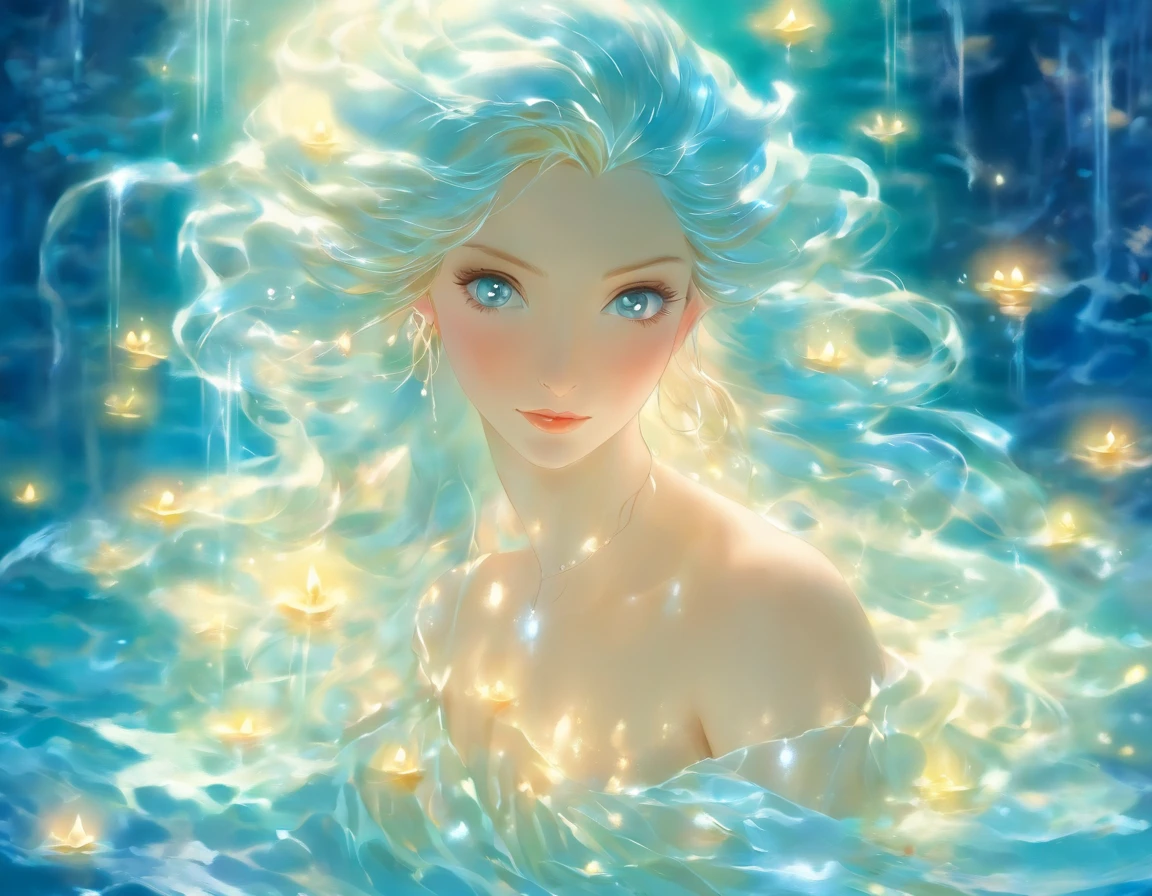 ethereal beauty, Galadriel, beautiful painting in fantasy style., inspired by Nene Thomas, ethereal fairytale, inspired by Edward Robert Hughes, Oil painting in fantasy style, ethereal!!!!!!!, ethereal!!!, fascinated by the spirit of nature, ethereal fantasy, Water fairy woman, in a dress made of water, blue hair, blue eyes, Essential lighting, detailed lace patterns, graceful pose, intricate water motifs, delicate silk fabric, mysterious atmosphere, water atmosphere.