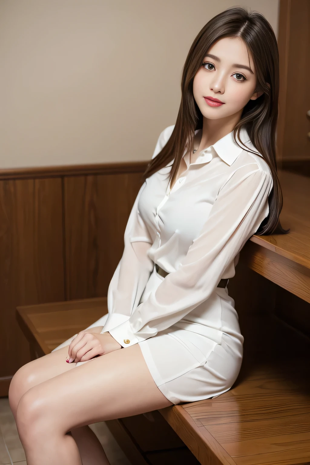 (RAW Photos), (Realistic), (masterpiece), (highest quality), High resolution, 8k, (Intricate details), (Volumetric Light), Portraiture, woman, Age 25, Medium Hair, Straight hair, Layered Hair, Brown Hair, Very beautiful eyes, Source order, Very thin eyebrows, Very fine skin, Very beautiful mouth, Very nice nose, Cute like an idol, smile, (Thick lips), (Looking at the audience), (White collared dress shirt), Above the knee shot,Slender figure、

