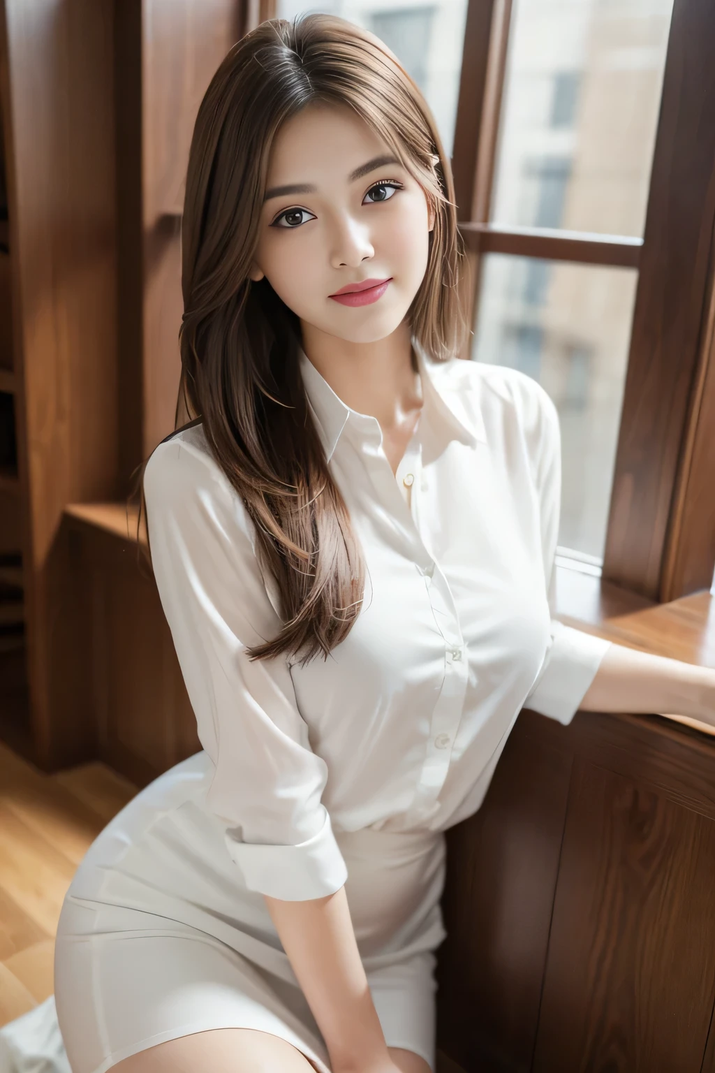 (RAW Photos), (Realistic), (masterpiece), (highest quality), High resolution, 8k, (Intricate details), (Volumetric Light), Portraiture, woman, Age 25, Medium Hair, Straight hair, Layered Hair, Brown Hair, Very beautiful eyes, Source order, Very thin eyebrows, Very fine skin, Very beautiful mouth, Very nice nose, Cute like an idol, smile, (Thick lips), (Looking at the audience), (White collared dress shirt), Above the knee shot,Slender figure、
