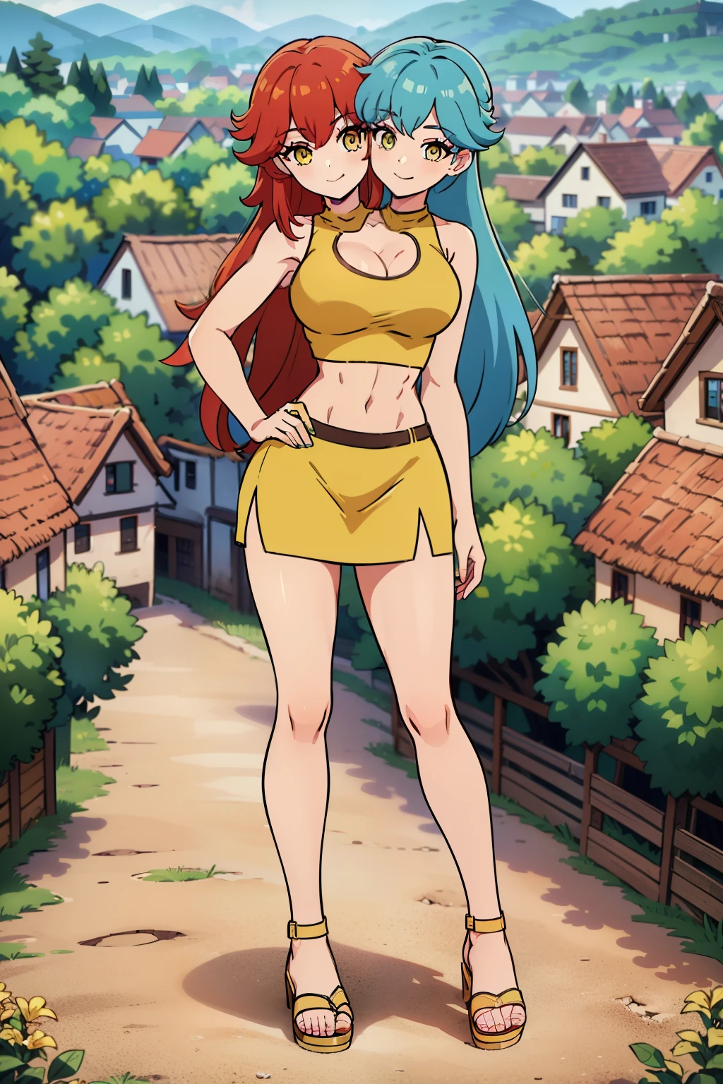 best quality, (masterpiece),(ultra-detailed), (high quality), (high resolution), ((2heads:1.5)), best quality:1.5, highres, UHD, 16K), ((two headed woman)), smiling, highres, masterpiece, ((red hair)), ((blue hair)), ((different hair colors)), cleavage, ((yellow crop top:1.5)), lustrous and smooth skin, seductive silhouette, gold rpg fantasy dress, sexy proportions, Beautiful girl with accentuated slender abs, ((full body)), long legs, ((village background:1.5)), ((exposed midriff)), body con dress, strapless, sleeveless, yellow eyes, ((long hair)), ((sandals))