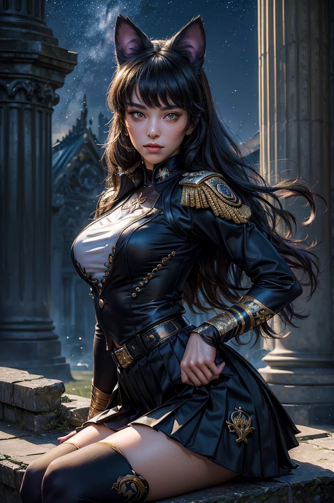 (masterpiece,stunning girlfriend, (standing:1.1), dynamic pose, heart shaped face, elegant face, beautiful face, highly detailed face, highly detailed skin, skin pores, subsurface scattering, realistic pupils, looking at viewer, full lips, detailed background, depth of field, atmospheric perspective, volumetric lighting, sharp focus, absurdres, realistic proportions, good anatomy, (realistic, hyperrealistic:1.4), 16k hdr, (masterpiece, best quality), intricate details, 1girl, blake_belladonna, gmuniform, pleated skirt, blue thighhighs, black and gold uniform, sitting outside, night, stars, moonlight, gothic temple, pillars, ruins, river, crowd, ((crowd in military uniforms))