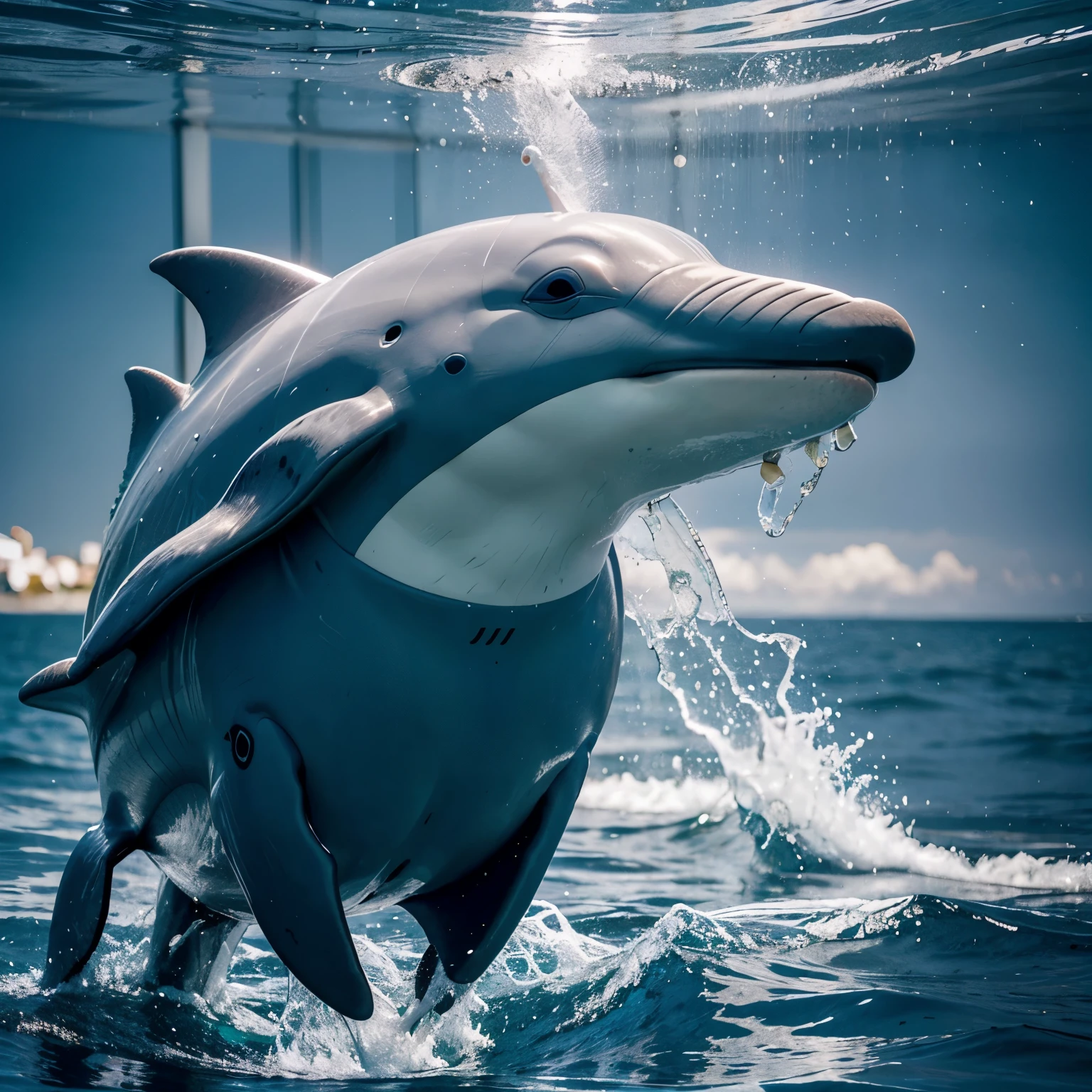 Crear la imagen de un "Innovative Dolphin" which will be the mascot of the VIDA student party