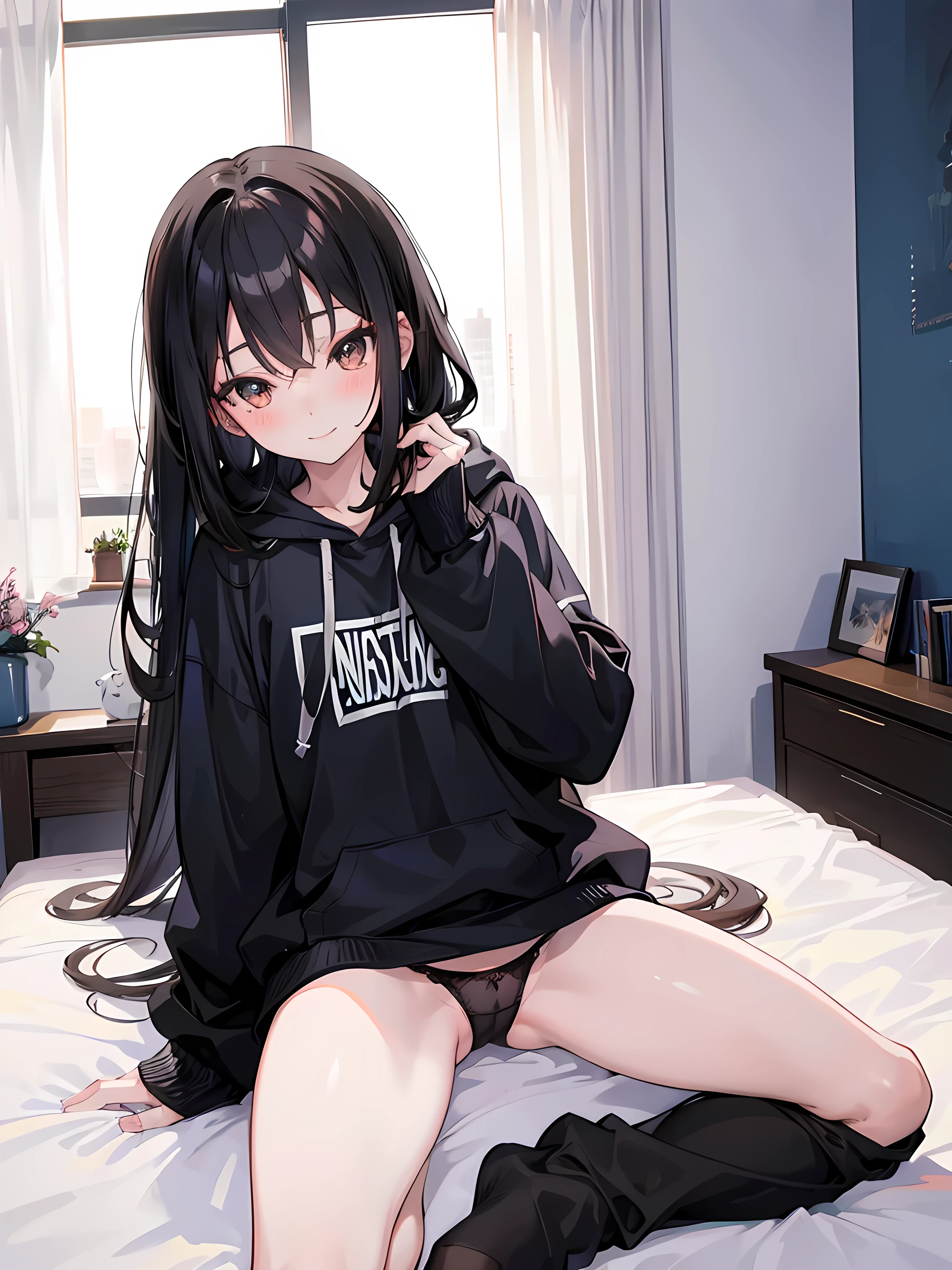 anime girl sitting on bed, styled bedroom, amazing lighting, detailed skin, (1girl), long black hair, brown eyes, small breasts, wearing oversized hoodie, no pants, black panties, smile, blushing, expressive eyes, amazing scenery, masterpiece, high res, 8k