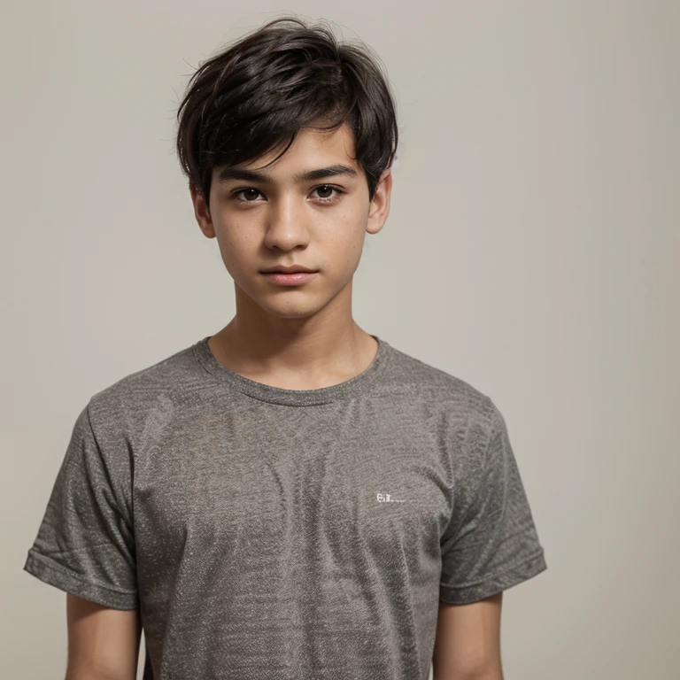 A young man with short black hair dark brown eyes of a small size of an age of 14 with a white background 