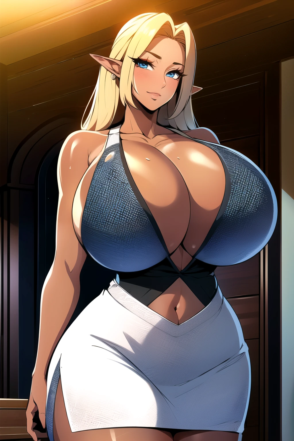 ultra realistic 8k cg, masterpiece, ((ultra detailed background,  intricate detail, highly detailed, fine details best quality, hyperdetailed face)), gigantic breasts ,beautiful lighting, absurdres, BoaHancockV2,  1girl, solo, blonde hair, long hair, jewelry, closed mouth, ), cleavage, minidress, bare shoulders, curvy, midriff, curvy, thighs, shiny clothes), blue eyes, complex detailed background, indoor, palace), ((cowboy shot)), curvy, (gigantic breasts: 1.4), seductive smile, cowboy shot, (tan skin :1.1) (tan face:1.1), long elf ears