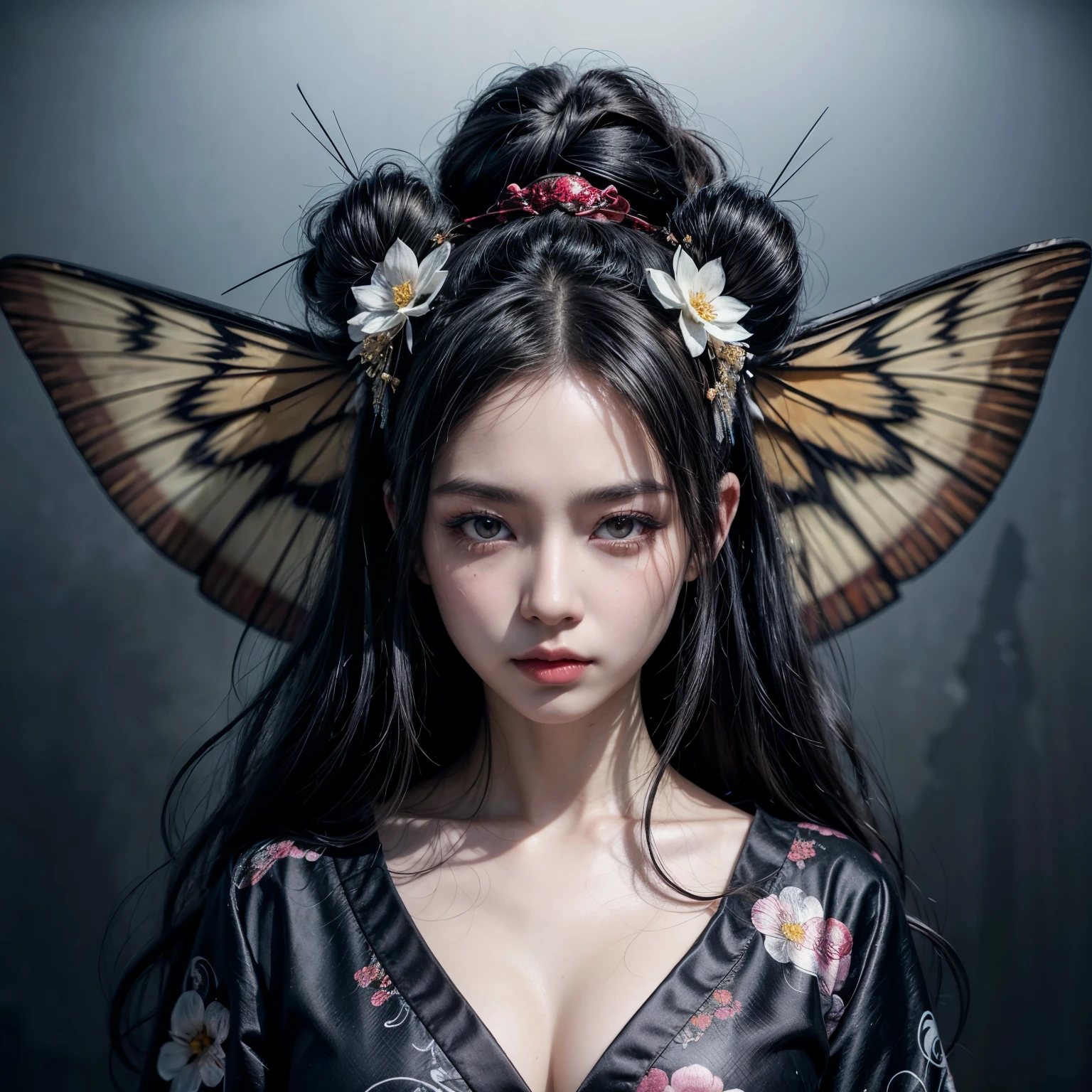A gothic geisha with flowing black hair, with funereal flowers in a bun on her head, with pale silky skin (made up), beautiful eyes, full lips, full breasts, wearing gothic earrings, wearing a low-cut black kimono adorned with white flowers, with black wings of moth behind her head, and small black moths flying around her, beautiful dark geisha of the moths of the underworld.