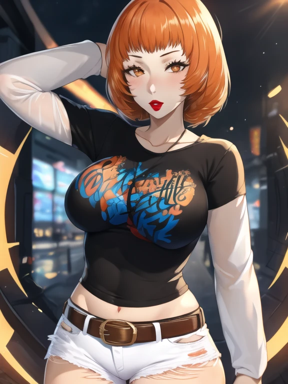 Leonie pinelli, orange hair, 1girl, solo, standing, black t-shirt, white shirt, blue jeans, belt, lipstick, large breasts