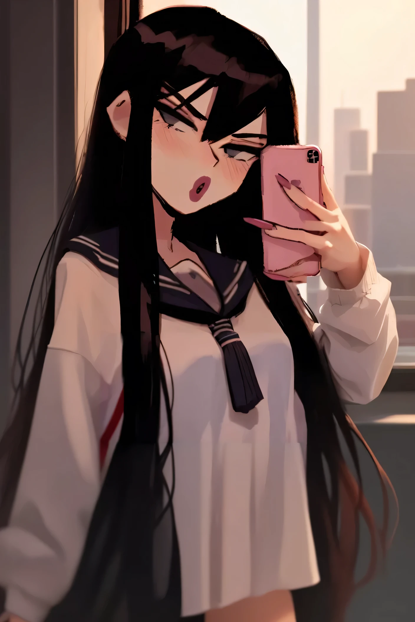 there is a girl with long hair and blonde bangs holding her phone, 1girl, solo, black hair, long hair, , phone, holding, blush, holding phone, black eyes, long nail, lipstick