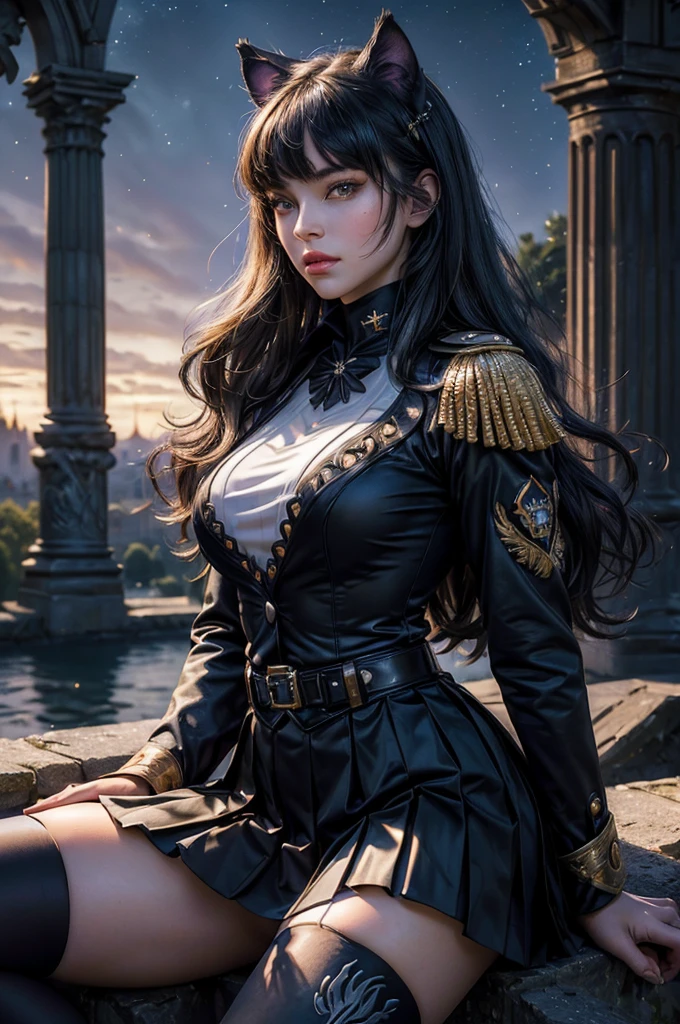 (masterpiece,stunning girlfriend, (standing:1.1), dynamic pose, heart shaped face, elegant face, beautiful face, highly detailed face, highly detailed skin, skin pores, subsurface scattering, realistic pupils, looking at viewer, full lips, detailed background, depth of field, atmospheric perspective, volumetric lighting, sharp focus, absurdres, realistic proportions, good anatomy, (realistic, hyperrealistic:1.4), 16k hdr, (masterpiece, best quality),  intricate details, 1girl,   blake_belladonna, gmuniform, pleated skirt, blue thighhighs,  black and gold uniform,  sitting outside, night, stars, moonlight, gothic temple, pillars, ruins, river, crowd, ((crowd in military uniforms))