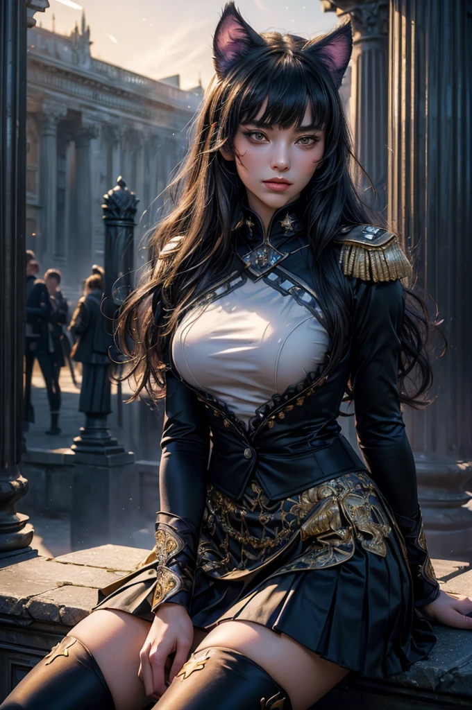 (masterpiece,stunning girlfriend, (standing:1.1), dynamic pose, heart shaped face, elegant face, beautiful face, highly detailed face, highly detailed skin, skin pores, subsurface scattering, realistic pupils, looking at viewer, full lips, detailed background, depth of field, atmospheric perspective, volumetric lighting, sharp focus, absurdres, realistic proportions, good anatomy, (realistic, hyperrealistic:1.4), 16k hdr, (masterpiece, best quality),  intricate details, 1girl,   blake_belladonna, gmuniform, pleated skirt, blue thighhighs,  black and gold uniform,  sitting outside, night, stars, moonlight, gothic temple, pillars, ruins, river, crowd, ((crowd in military uniforms))