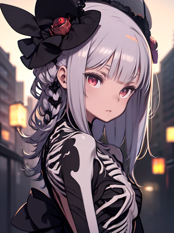 Close-up of a skeleton with a bow on its head、rib cage, colorful, Black background, Skeleton style, One girl, Ultra-detailed hair ornaments, necromancy, Beautiful fine details, From the side, Light, Bokeh, Red eyes, Human heads