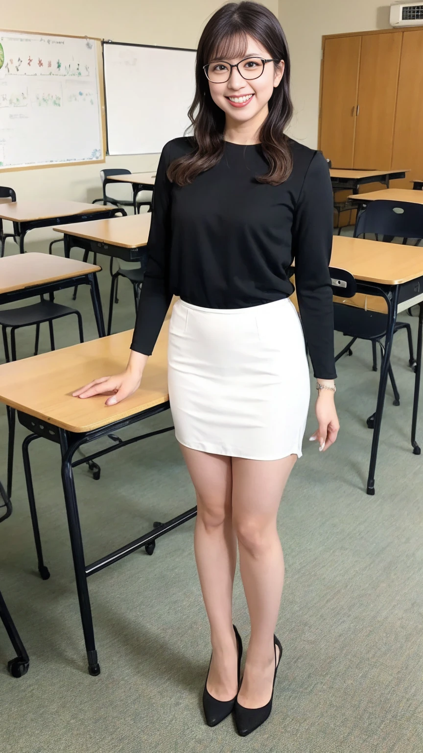 ((masterpiece, best quality)) (Riena Kobayashi) school teacher, show entire body, wavy hair, short skirt, black glasses, smiling, standing, natural breasts, small breasts, glamorous body, perfect legs, thick legs, beautiful legs, classroom, high heels, Hotify, PrettyEyes