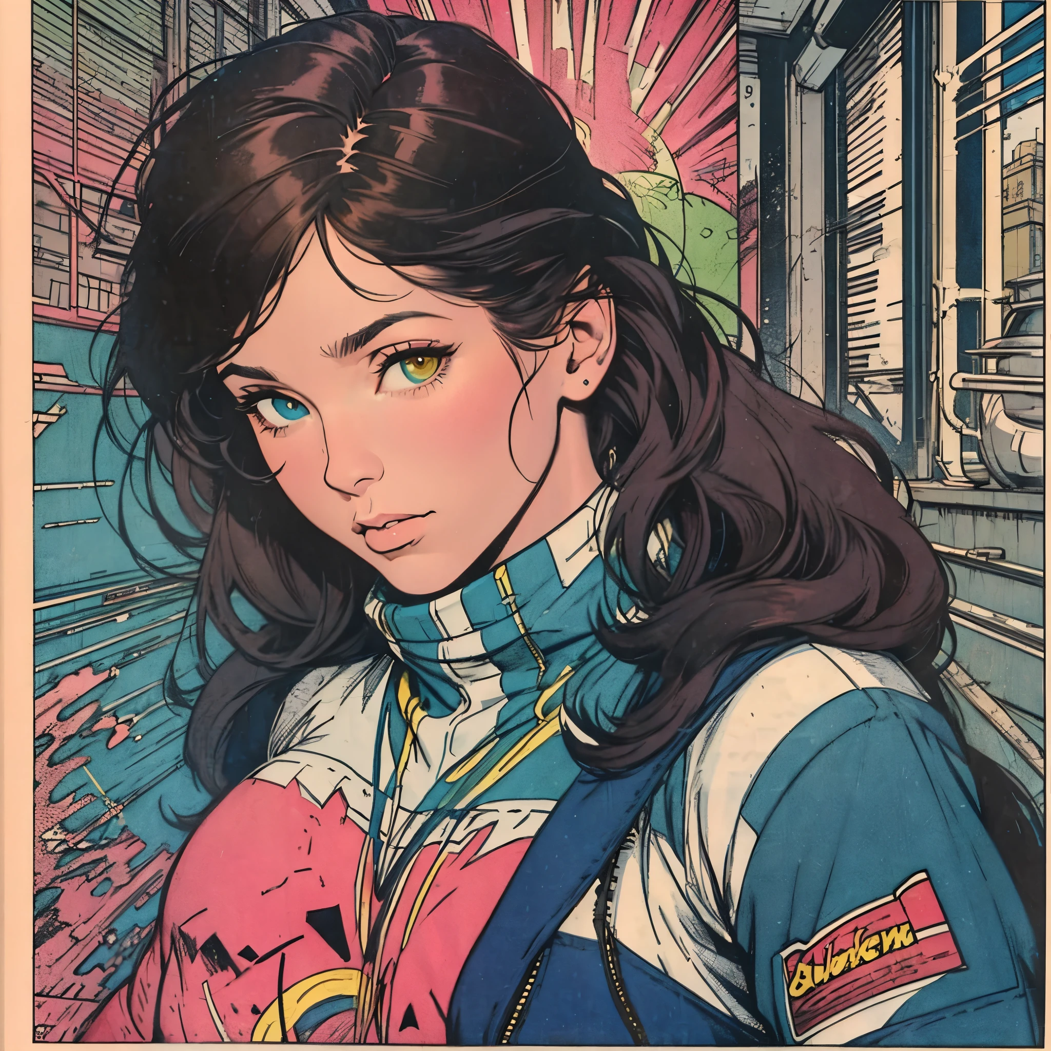 ultimate best quality,beautiful woman,speech bubble,big brest,60s,70s,80s,colorful,((Heterochromia)),various angle,colorful